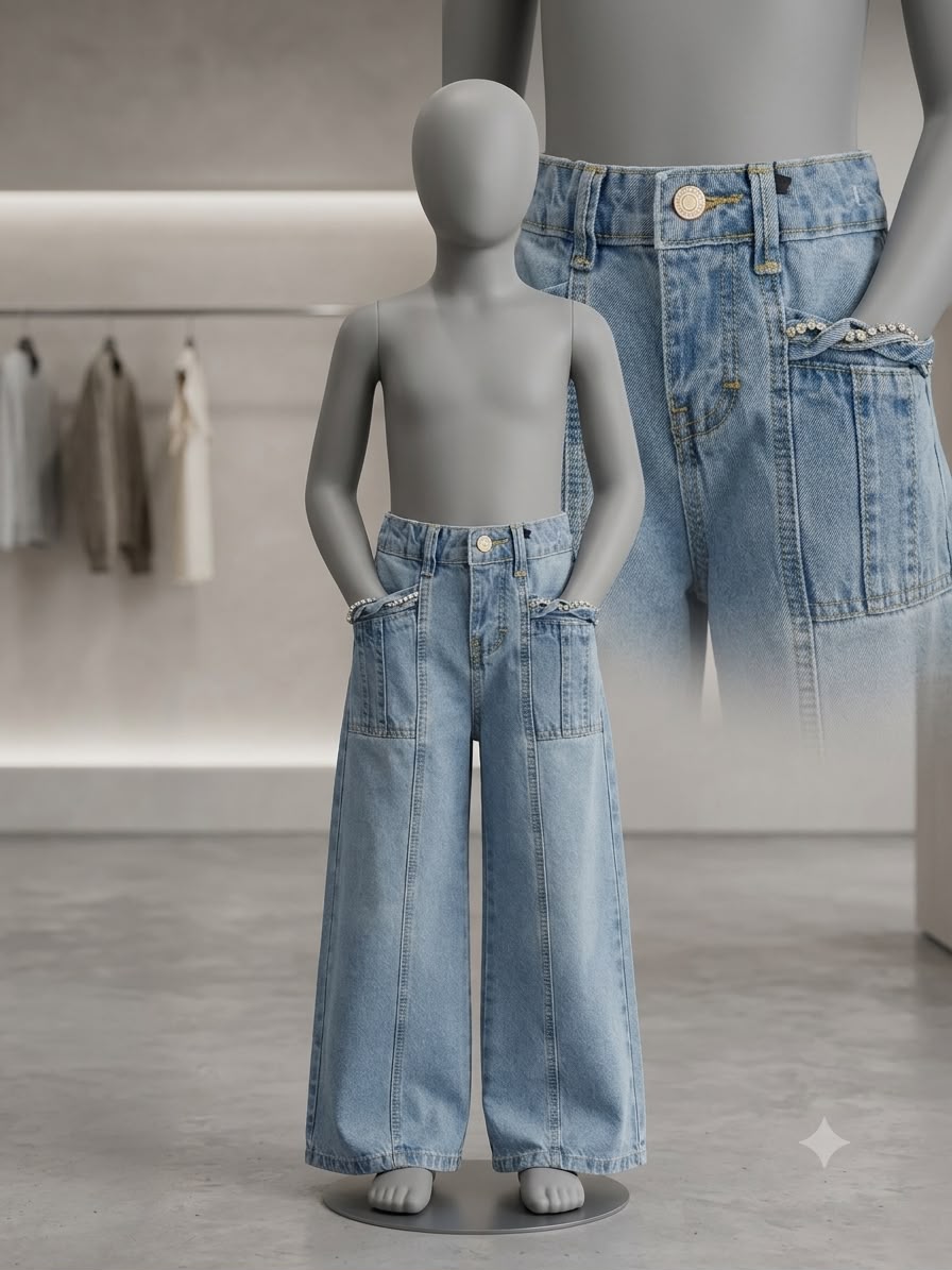✨ Pantalón Wide Leg de Mezclilla para Niña | Bolsas con Brillos | Moda Infantil Casual