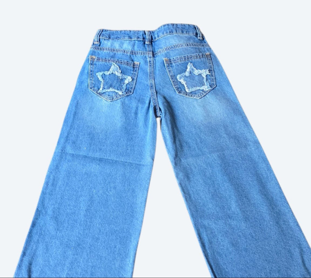 Pantalón Wide Leg para Niña de Mezclilla con Bolsas de Estrella | Jeans Casual Infantil Cómodo y Moderno