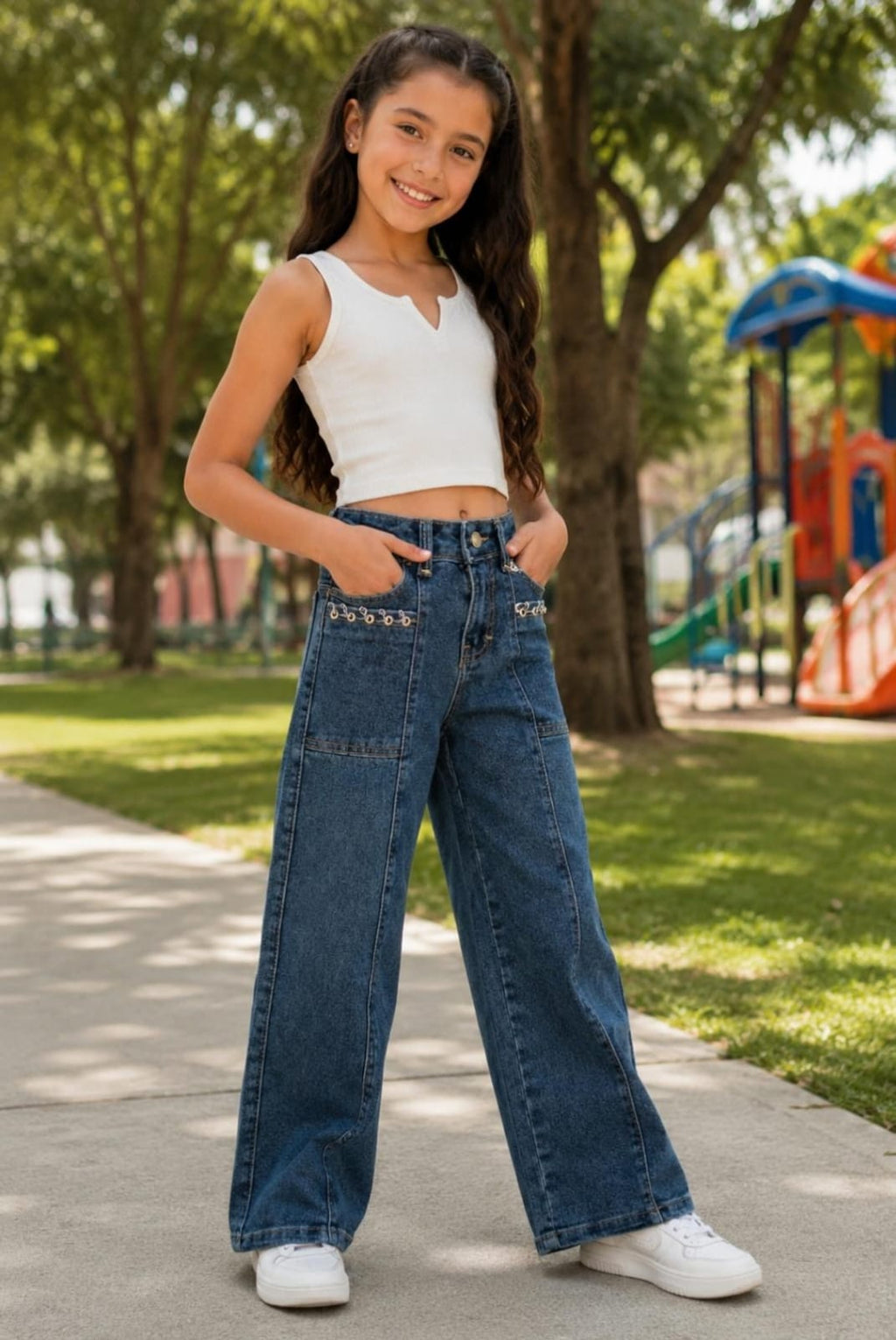 ✨ Pantalón de Mezclilla Wide Leg para Niña con Detalle de Ojillos | Casual Fashion