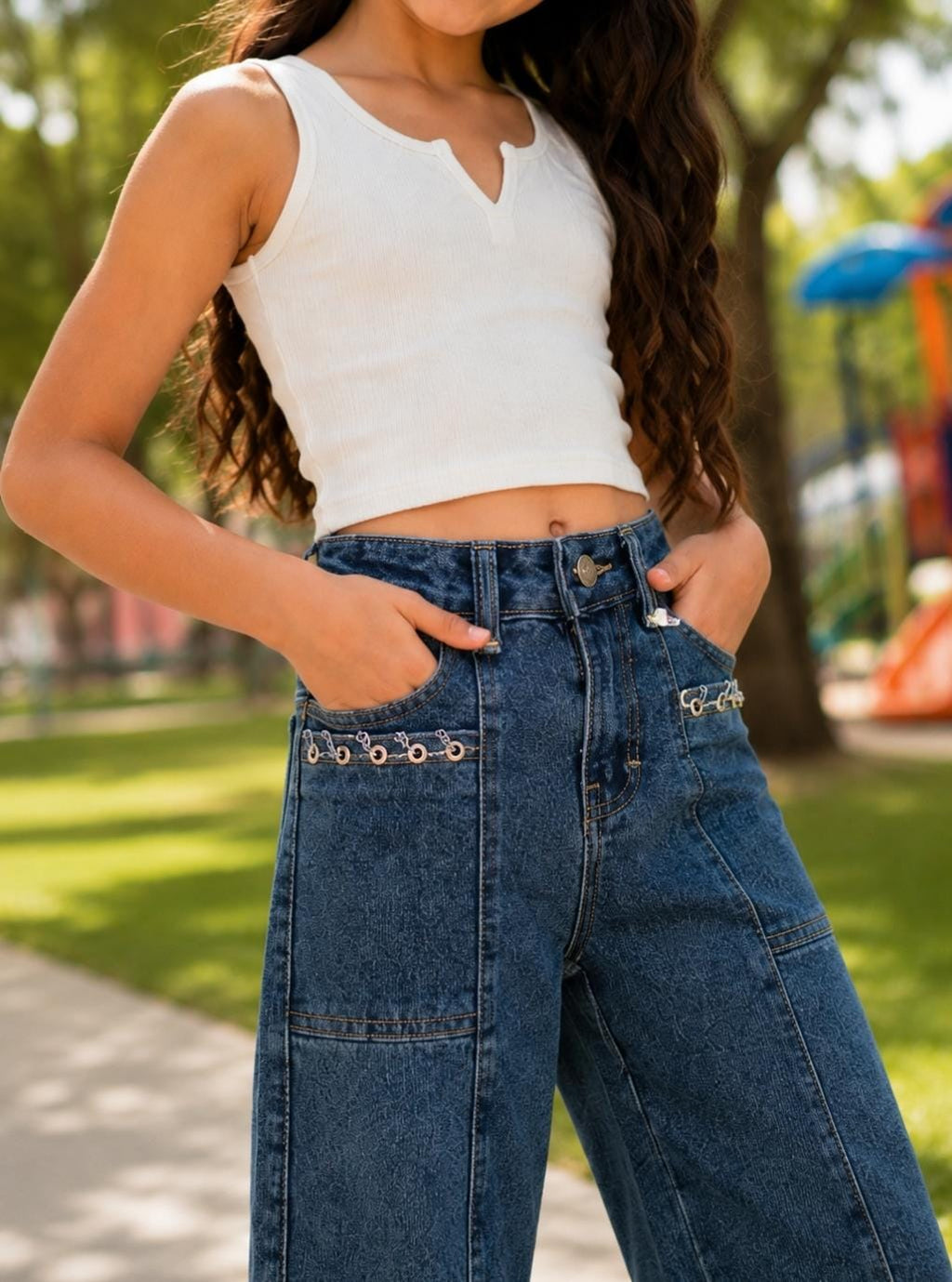 ✨ Pantalón de Mezclilla Wide Leg para Niña con Detalle de Ojillos | Casual Fashion