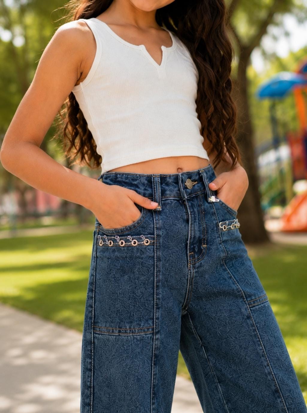 ✨ Pantalón de Mezclilla Wide Leg para Niña con Detalle de Ojillos | Casual Fashion