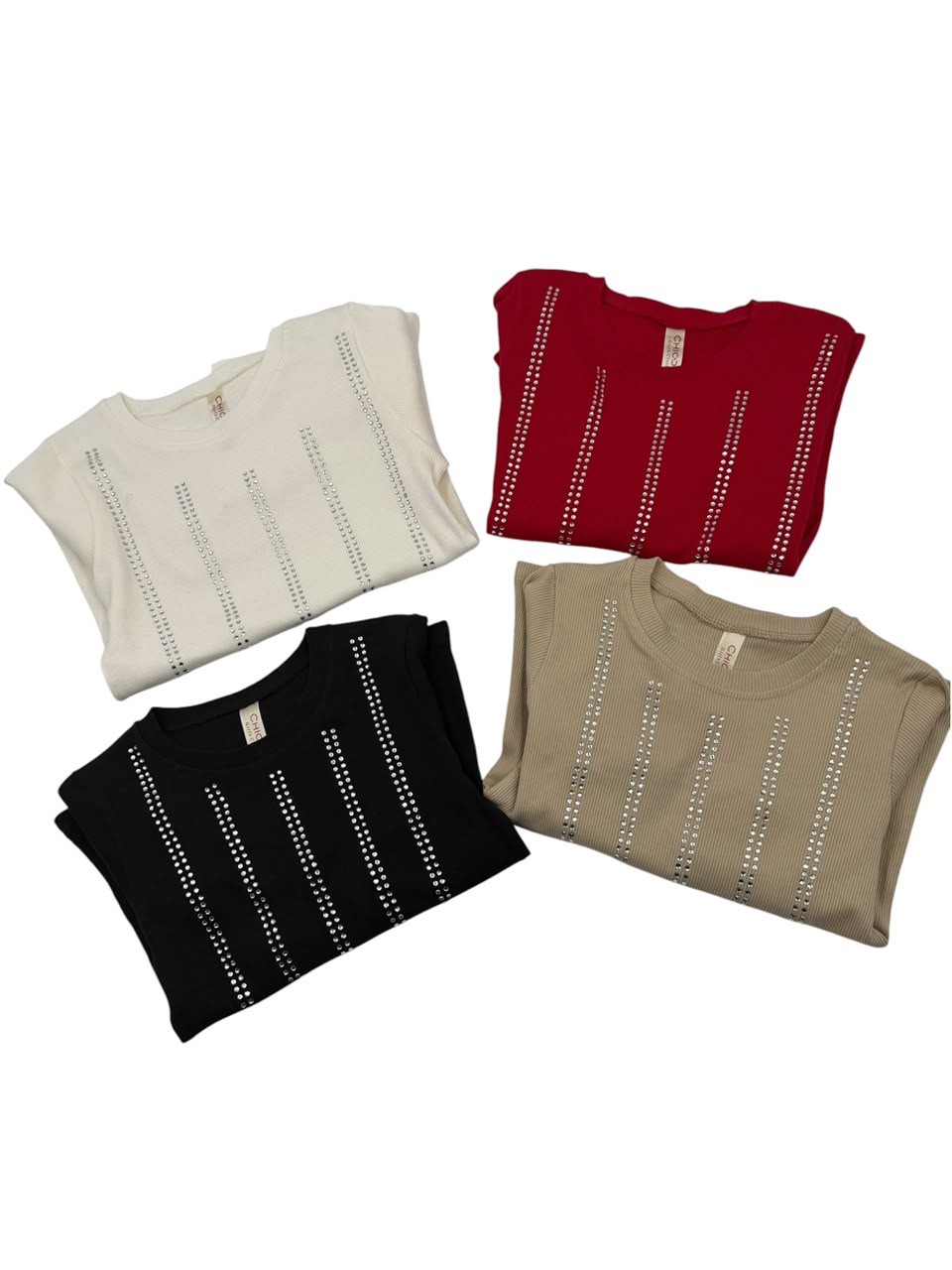 Blusa Infantil Manga Larga con Brillos | Tejido Acanalado | Colores Negro, Blanco, Rojo y Caqui | Niña