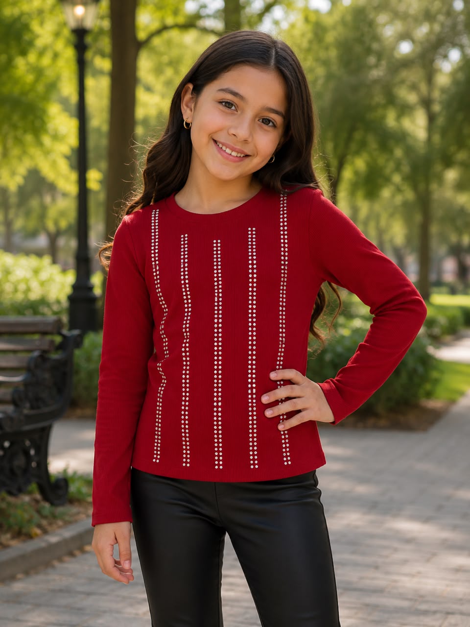 Blusa Infantil Manga Larga con Brillos | Tejido Acanalado | Colores Negro, Blanco, Rojo y Caqui | Niña
