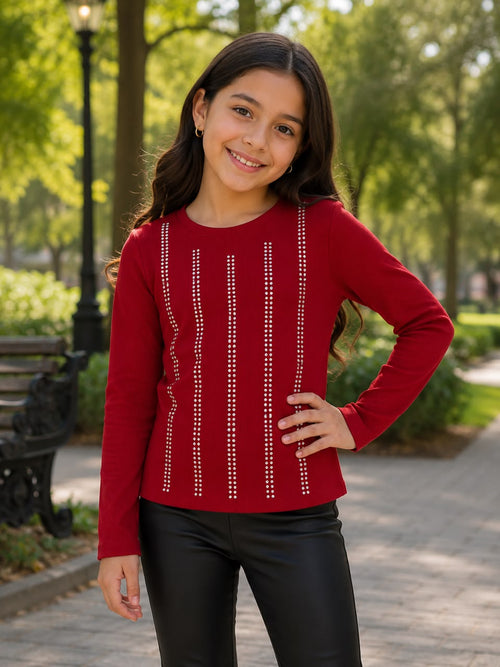 Blusa Infantil Manga Larga con Brillos | Tejido Acanalado | Colores Negro, Blanco, Rojo y Caqui | Niña