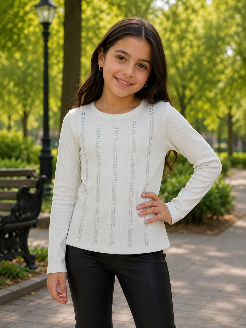 Blusa Infantil Manga Larga con Brillos | Tejido Acanalado | Colores Negro, Blanco, Rojo y Caqui | Niña