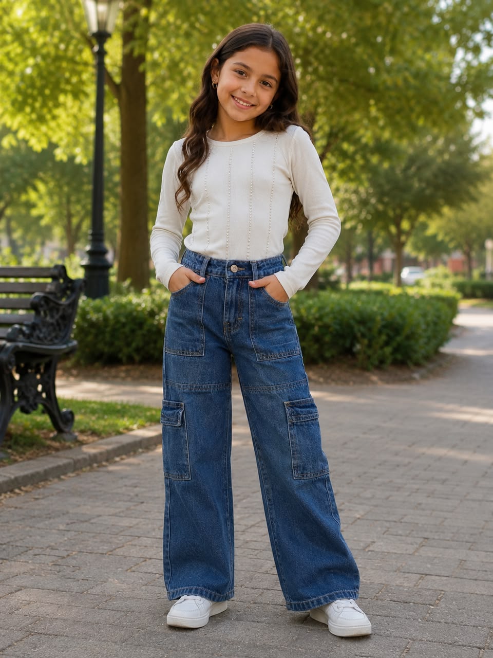 Pantalón Cargo Wide Leg para Niña 👖 Mezclilla Azul | Bolsas Utilitarias