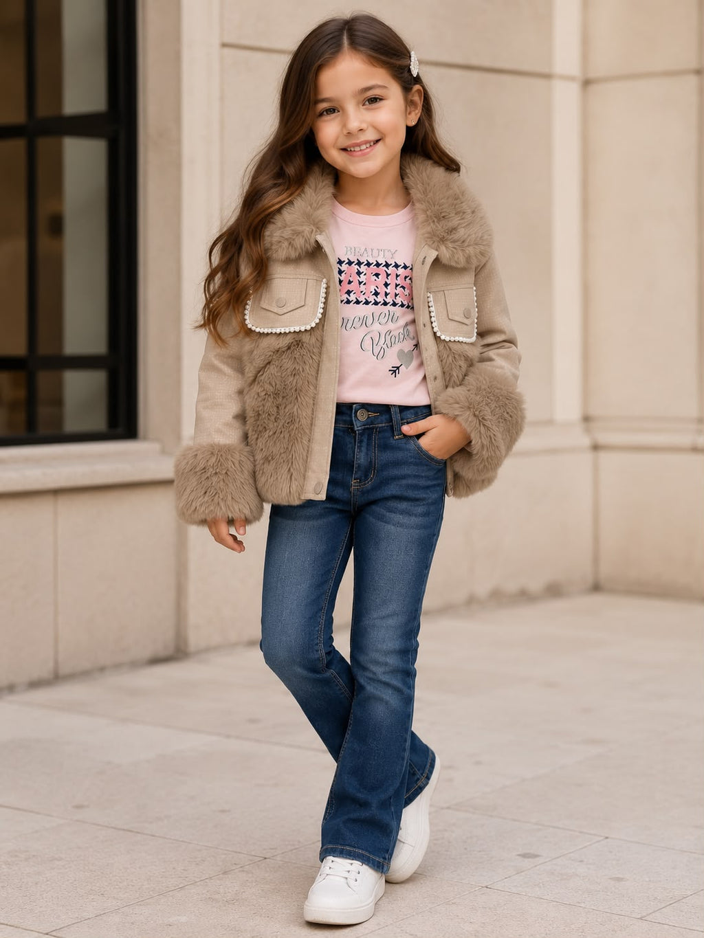 ✨ Conjunto Infantil 3 Piezas con Chamarra de Peluche + Playera + Jeans para Niña | Outfit Casual Elegante