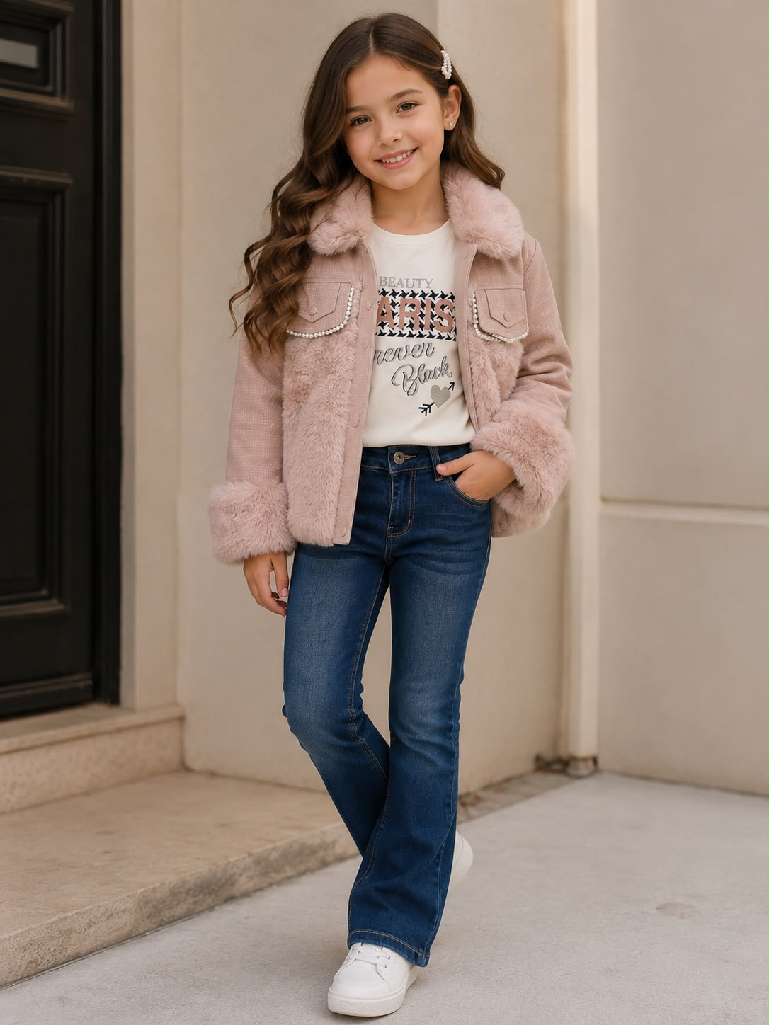 ✨ Conjunto Infantil 3 Piezas con Chamarra de Peluche + Playera + Jeans para Niña | Outfit Casual Elegante