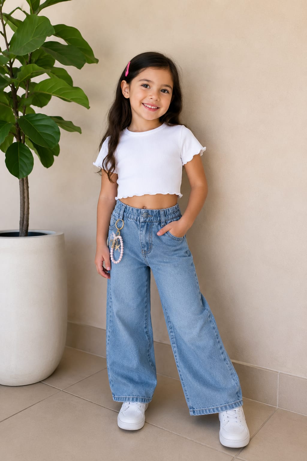 Pantalón Wide Leg Infantil para Niña | Mezclilla Azul Oscuro con Llavero Decorativo | Cómodo y Moderno