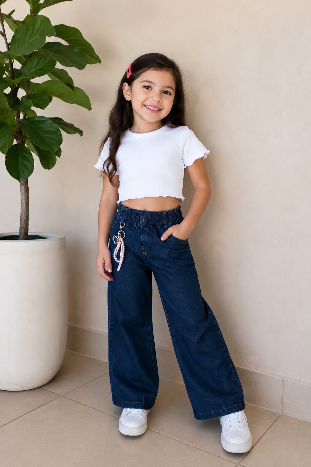 Pantalón Wide Leg Infantil para Niña | Mezclilla Azul Oscuro con Llavero Decorativo | Cómodo y Moderno
