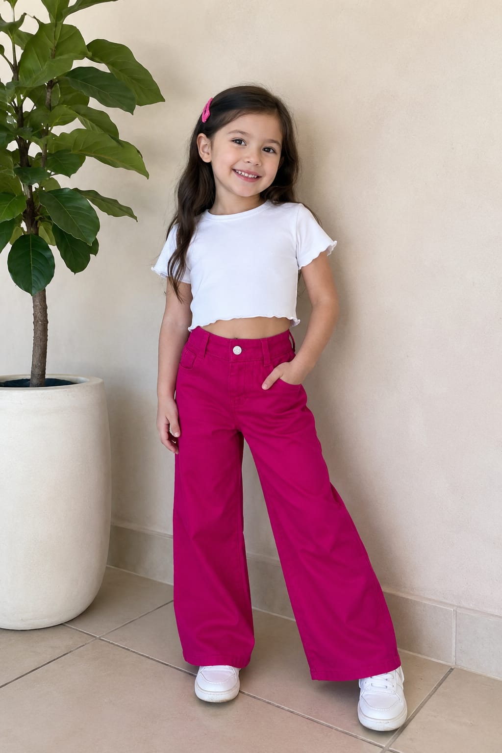 Pantalón Wide Leg Infantil Fucsia para Niña | Corte Amplio Casual y Moderno