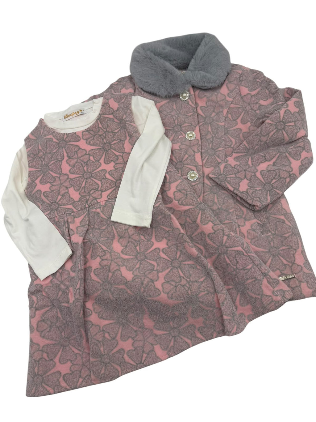 Conjunto Infantil 3 Piezas para Niña | Vestido + Chamarra con Cuello Afelpado + Blusa de Manga Larga | Elegante y Cálido