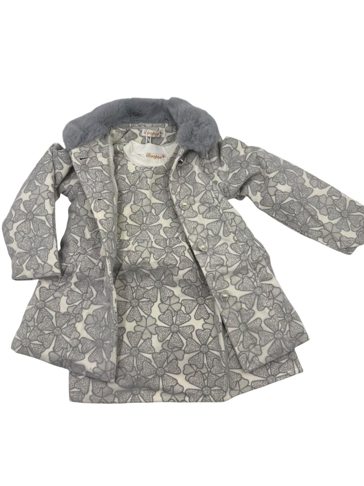 Conjunto Infantil 3 Piezas para Niña | Vestido + Chamarra con Cuello Afelpado + Blusa de Manga Larga | Elegante y Cálido