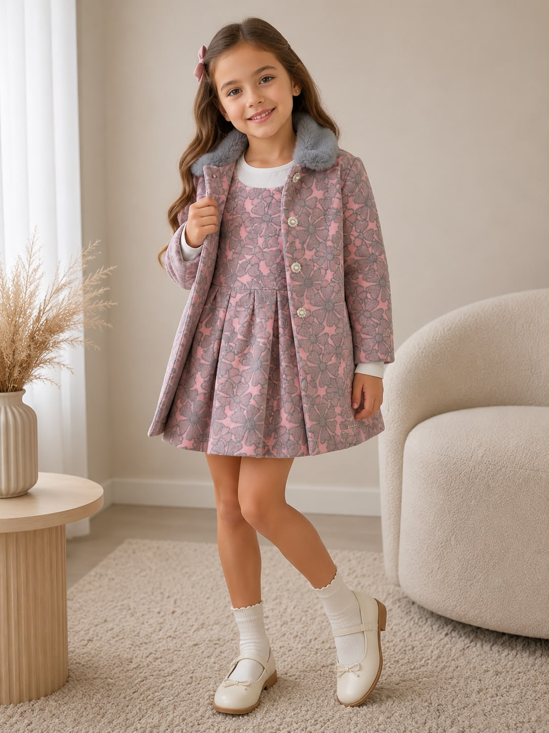 Conjunto Infantil 3 Piezas para Niña | Vestido + Chamarra con Cuello Afelpado + Blusa de Manga Larga | Elegante y Cálido
