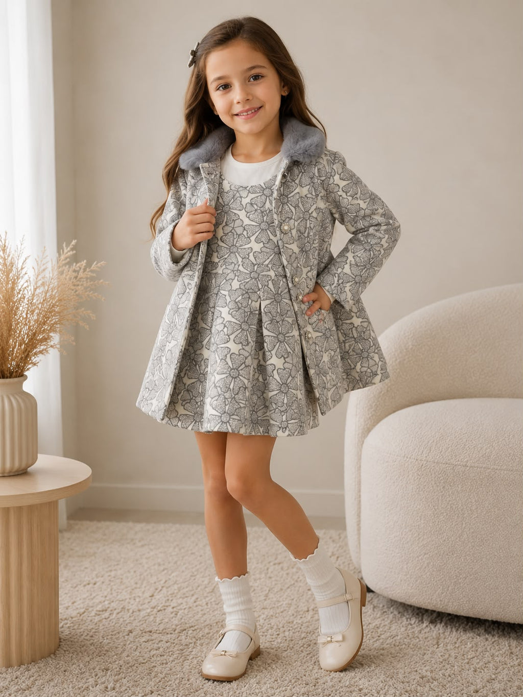 Conjunto Infantil 3 Piezas para Niña | Vestido + Chamarra con Cuello Afelpado + Blusa de Manga Larga | Elegante y Cálido