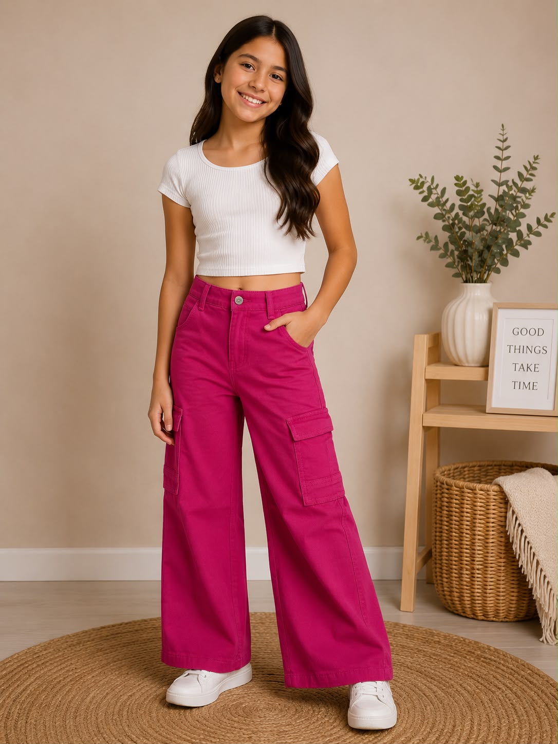 Pantalón Cargo Lila para Niña, Jeans de Pierna Ancha Aesthetic, Moda Infantil Casual Trendy
