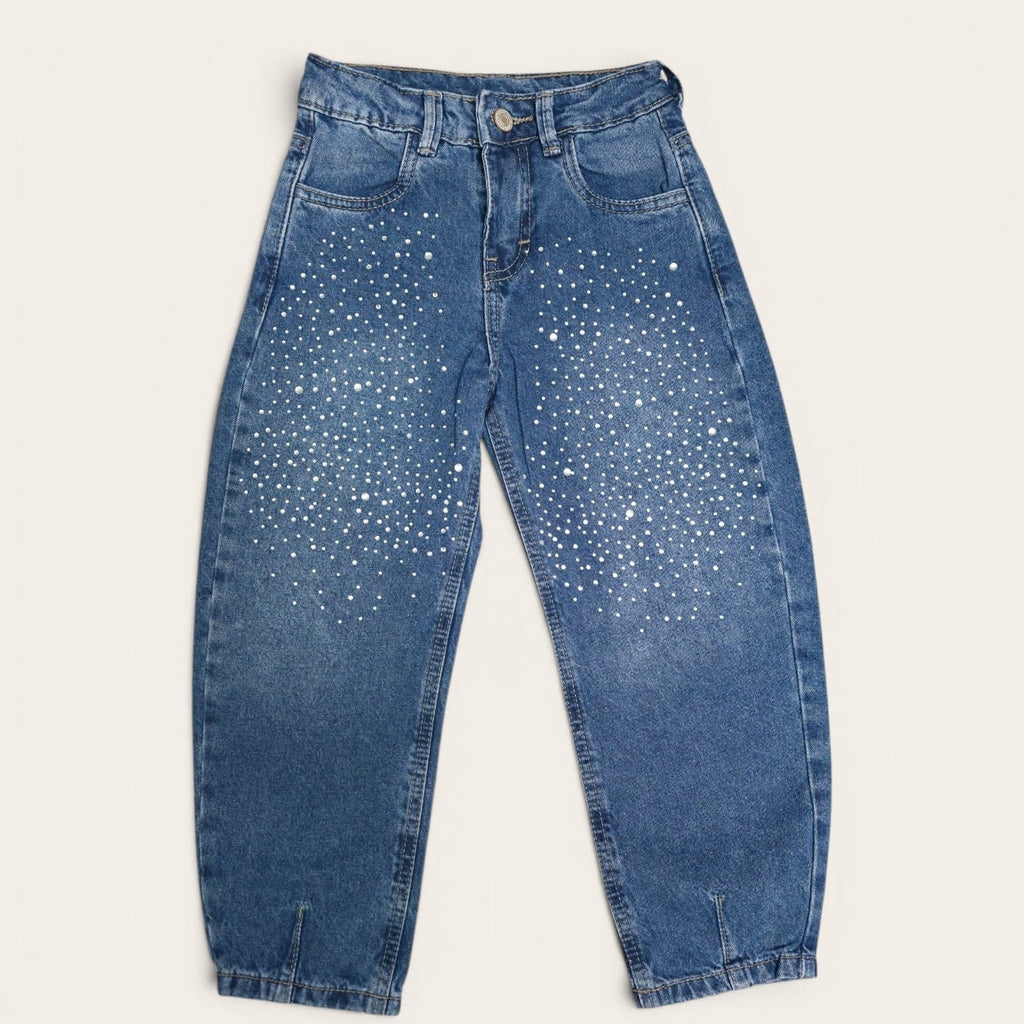Jeans Barrel de Tiro Alto con Pedrería Brillante y Detalle en Tobillo para niña