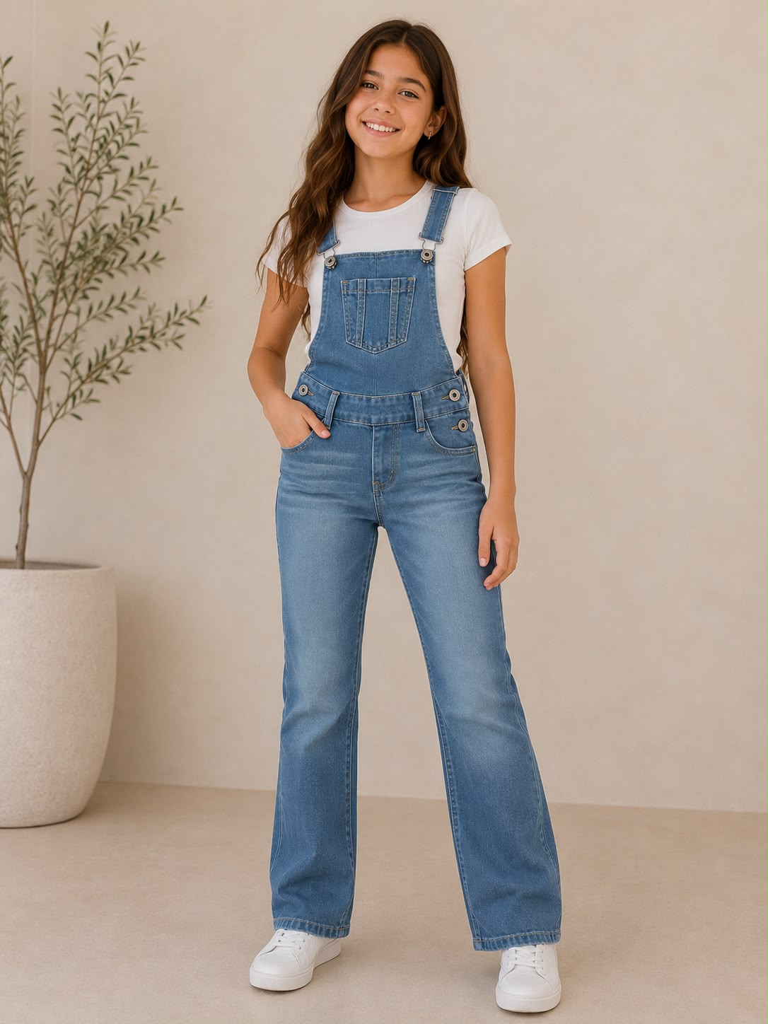 Overol De Mezclilla Para Niña Jumper Casual Jean Ajustable Pantalón Recto