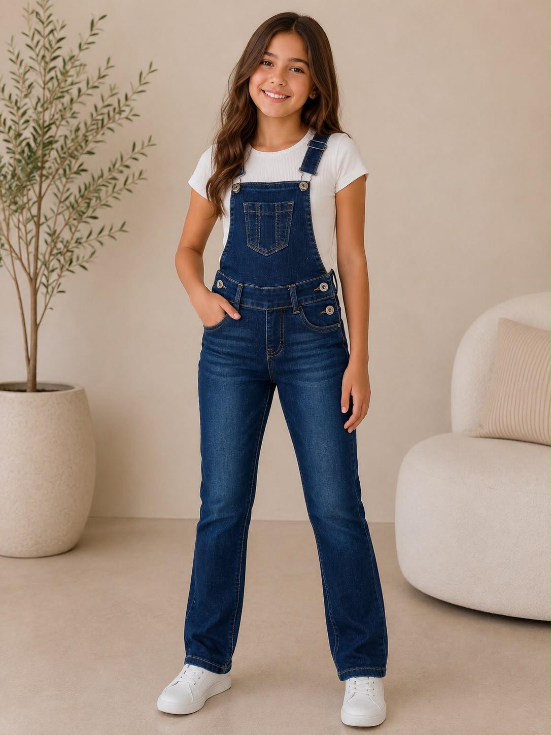 Overol De Mezclilla Para Niña Jumper Casual Jean Ajustable Pantalón Recto