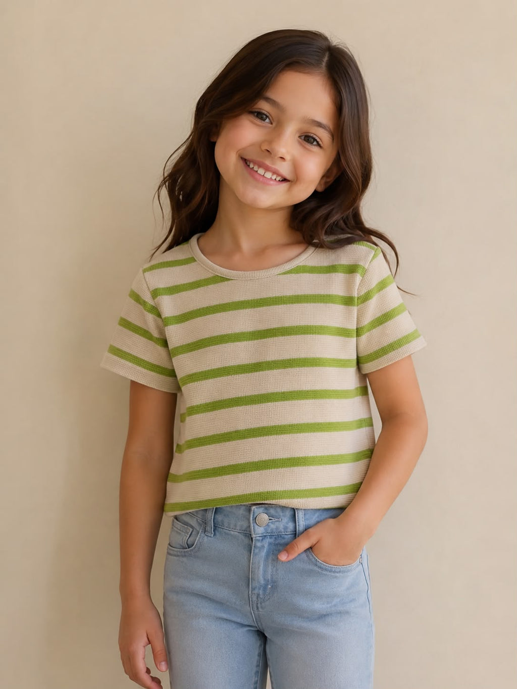 Playera de Tejido de Punto a Rayas para Niña - Camiseta Casual de Manga Corta Suave