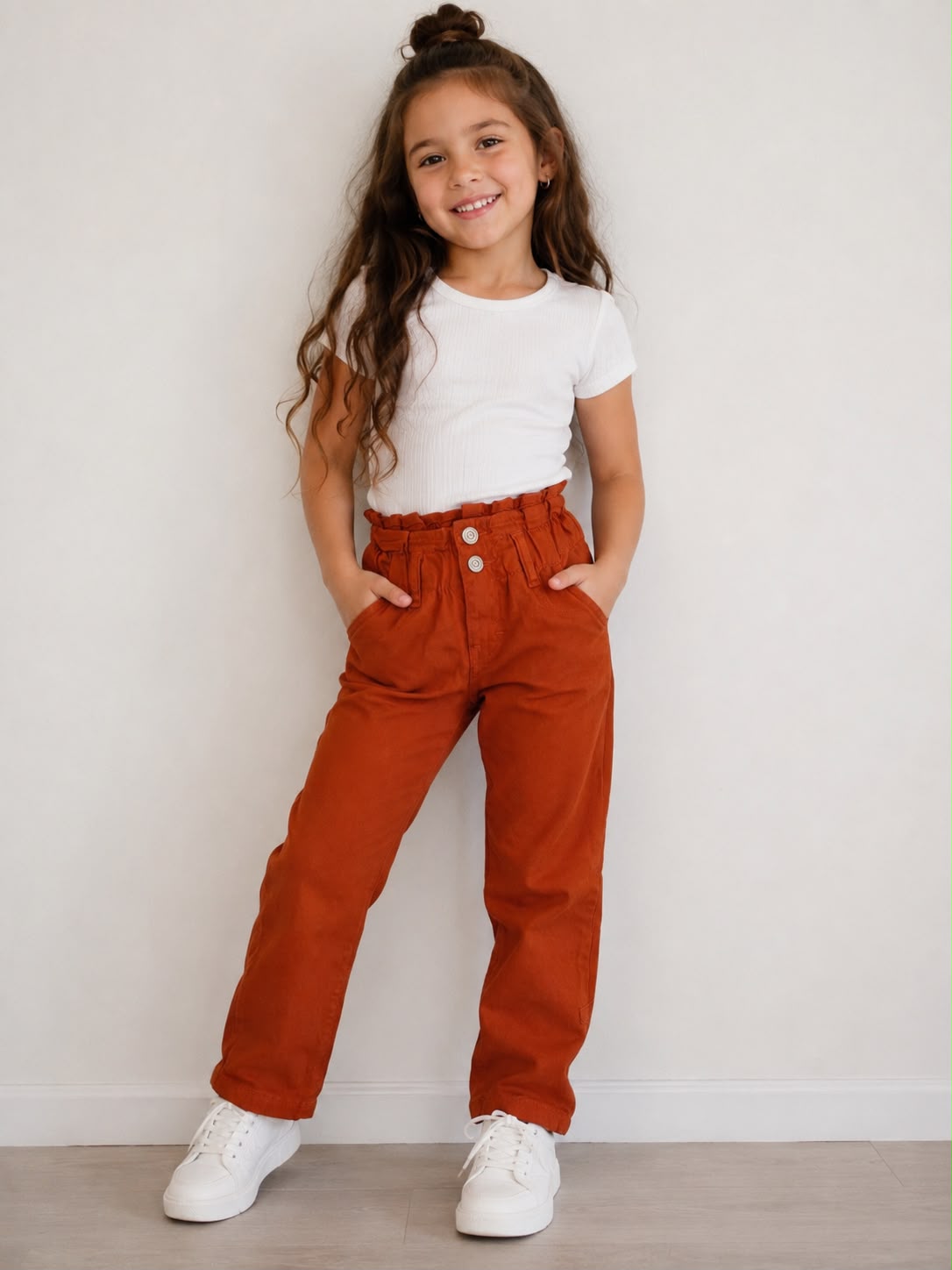 Pantalón Baggy / Mom Jeans para Niña – Cintura Alta Elástica Paperbag, Estilo Moda Infantil