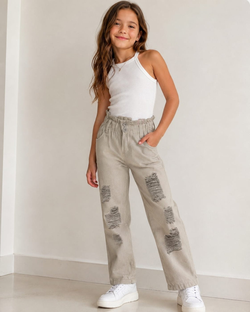 Pantalón Baggy / Mom Jeans para Niña – Cintura Alta Elástica Paperbag, Estilo Moda Infantil