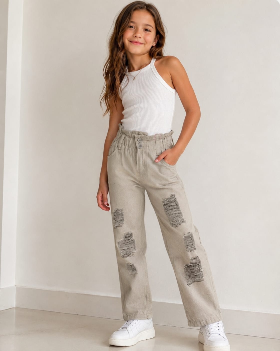 Pantalón Baggy / Mom Jeans para Niña – Cintura Alta Elástica Paperbag, Estilo Moda Infantil