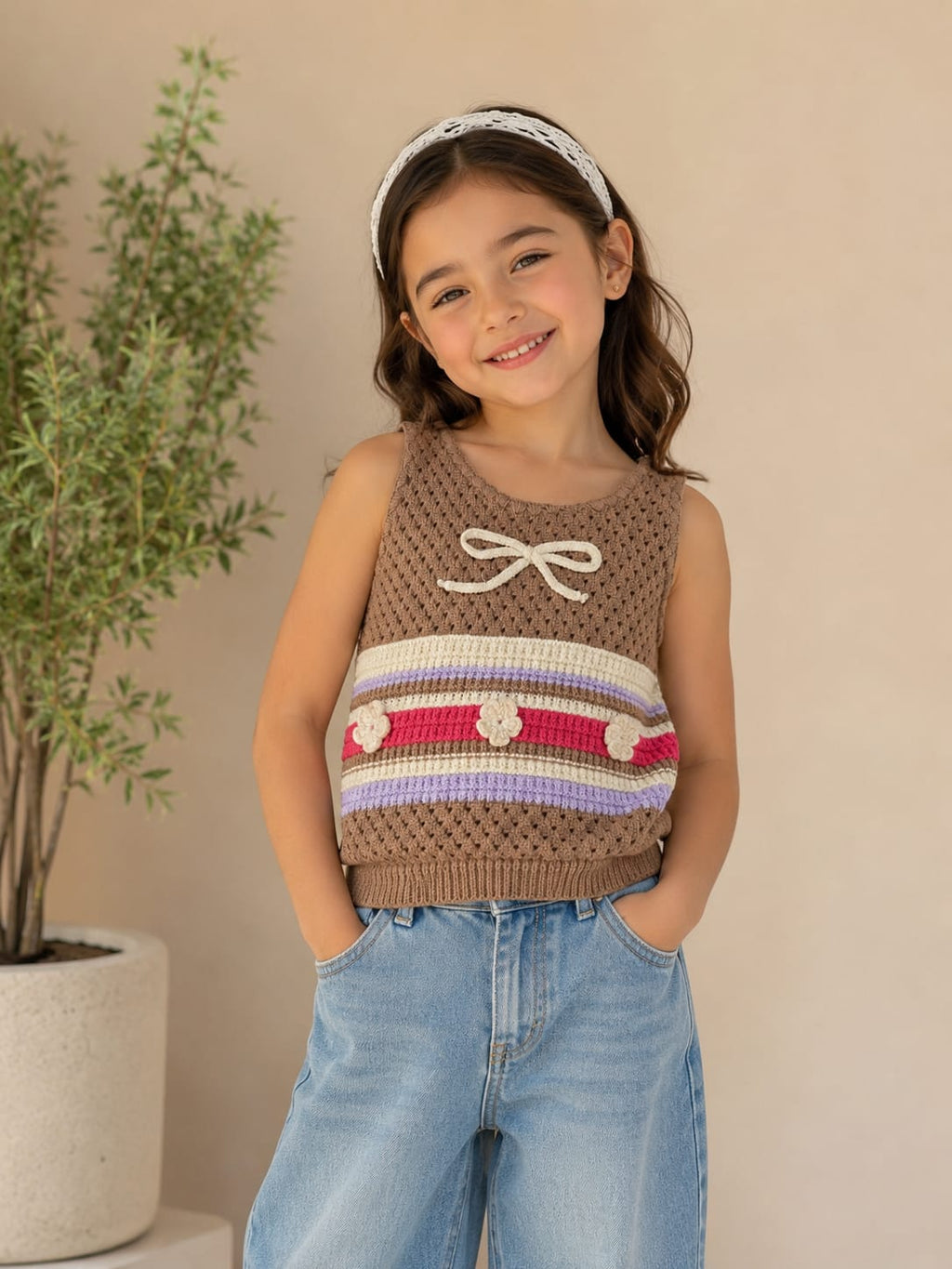 Chaleco Tejido Infantil Para Niña con Flores y Moño 🌸 | Top Chaleco de Punto Moda Coquette Tejido Ligero