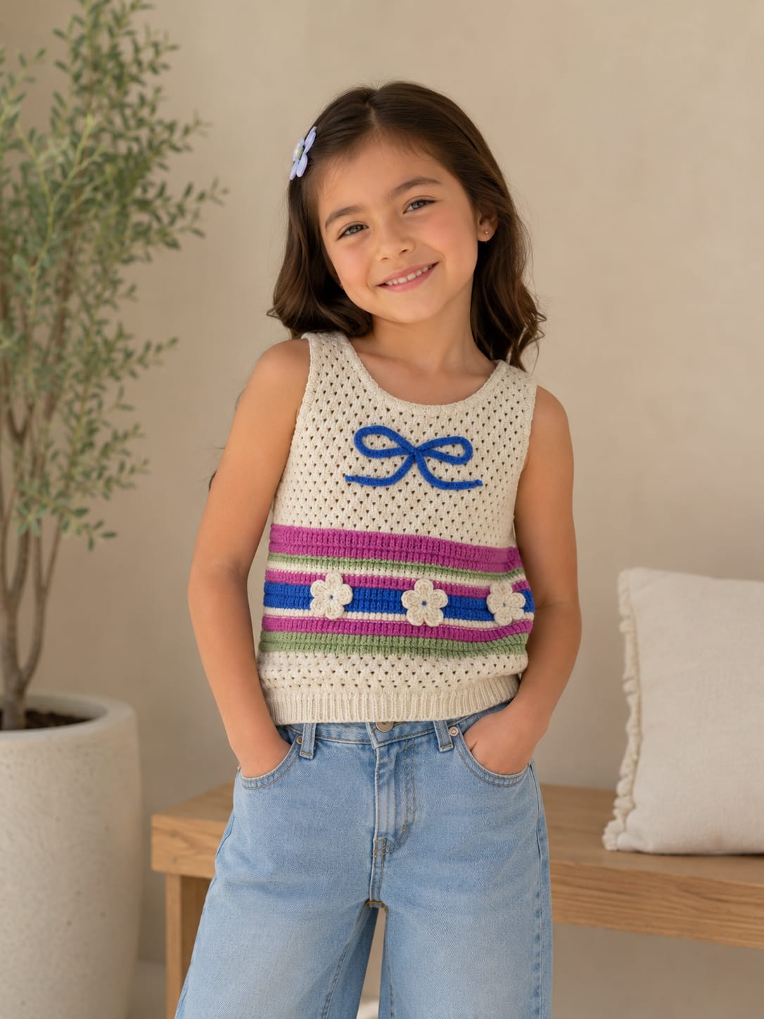 Chaleco Tejido Infantil Para Niña con Flores y Moño 🌸 | Top Chaleco de Punto Moda Coquette Tejido Ligero