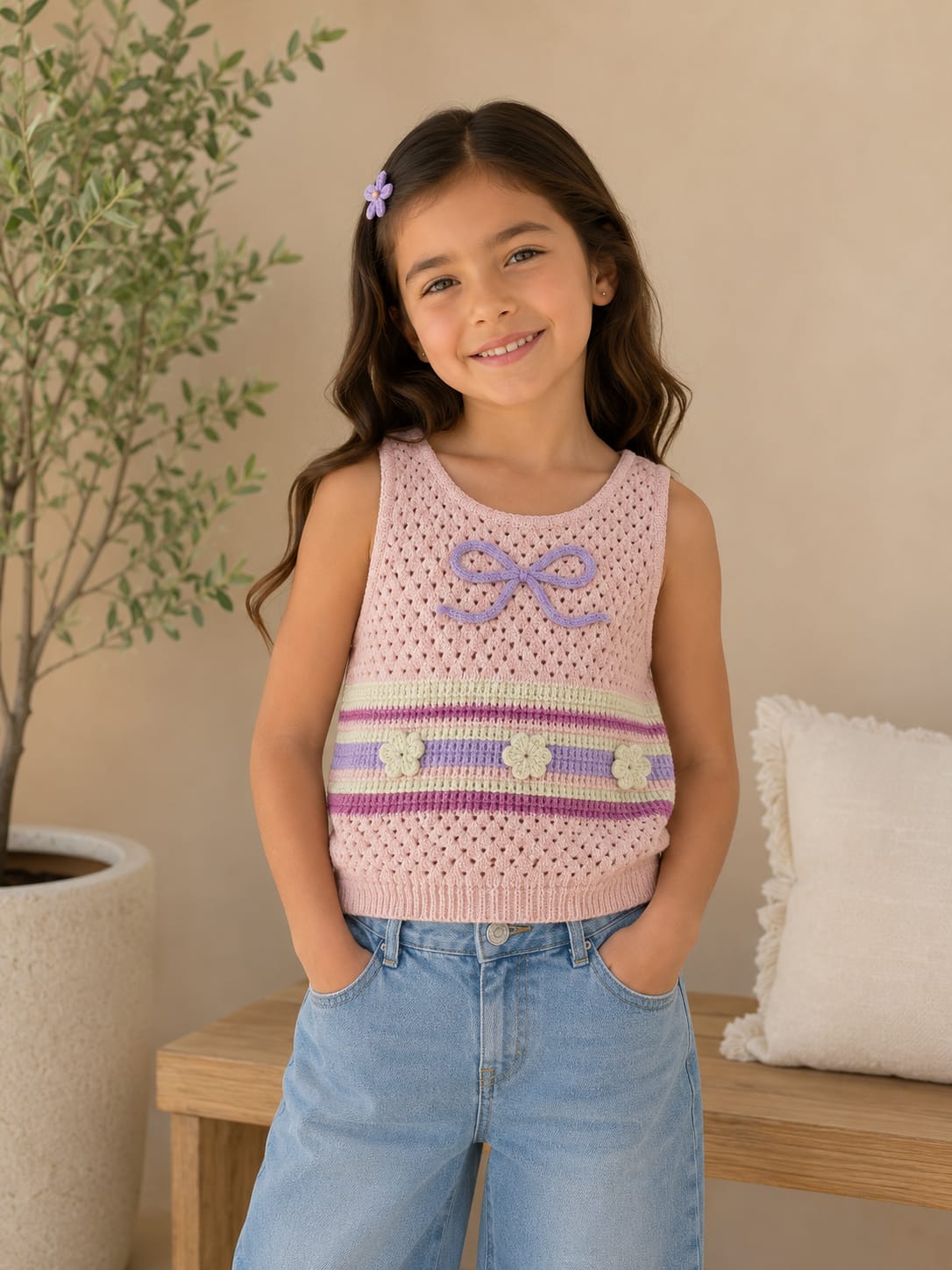 Chaleco Tejido Infantil Para Niña con Flores y Moño 🌸 | Top Chaleco de Punto Moda Coquette Tejido Ligero