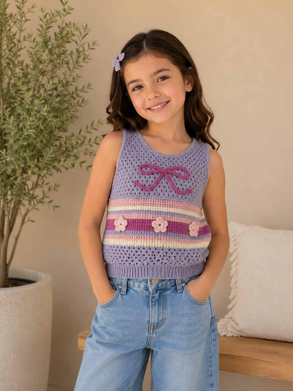Chaleco Tejido Infantil Para Niña con Flores y Moño 🌸 | Top Chaleco de Punto Moda Coquette Tejido Ligero