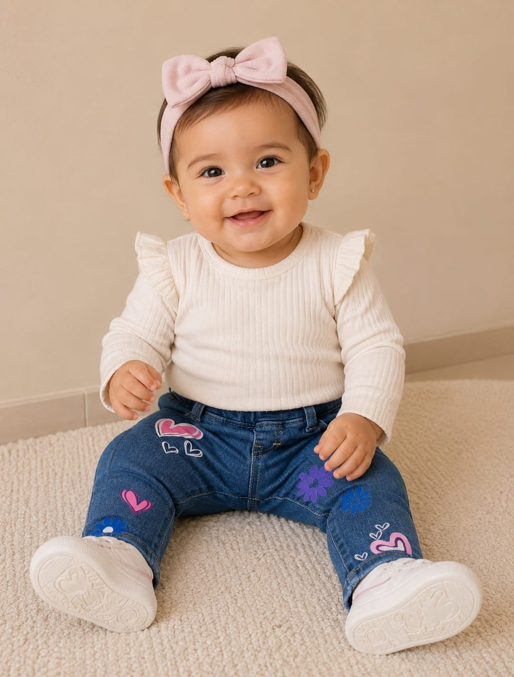 🌟 Preciosos Jeans para Bebé con Bordados de Corazón y Flor 💖🌸 ¡Estilo y Comodidad Garantizados!
