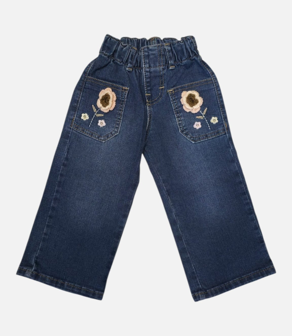 Jeans Anchos para Bebé Niña con Bordado de Flores y Cintura Elástica ¡Súper Cómodos y Adorables!