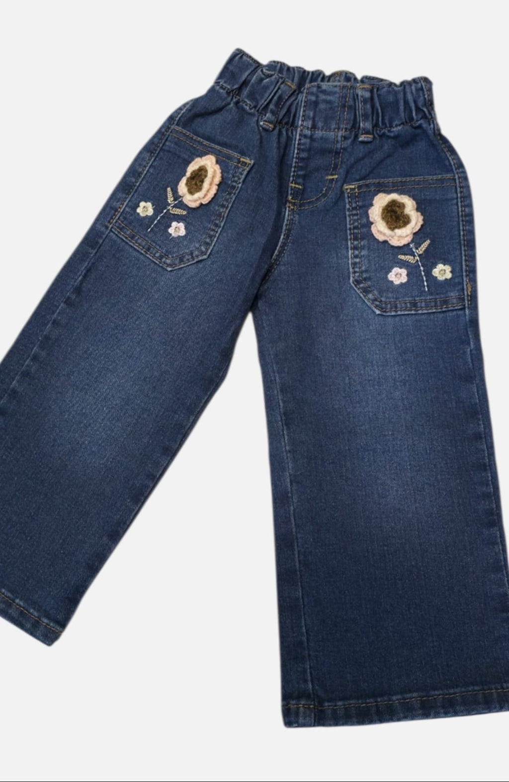 Jeans Anchos para Bebé Niña con Bordado de Flores y Cintura Elástica ¡Súper Cómodos y Adorables!
