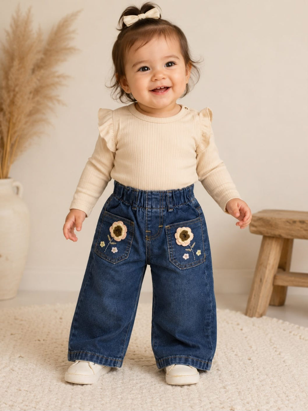 Jeans Anchos para Bebé Niña con Bordado de Flores y Cintura Elástica ¡Súper Cómodos y Adorables!