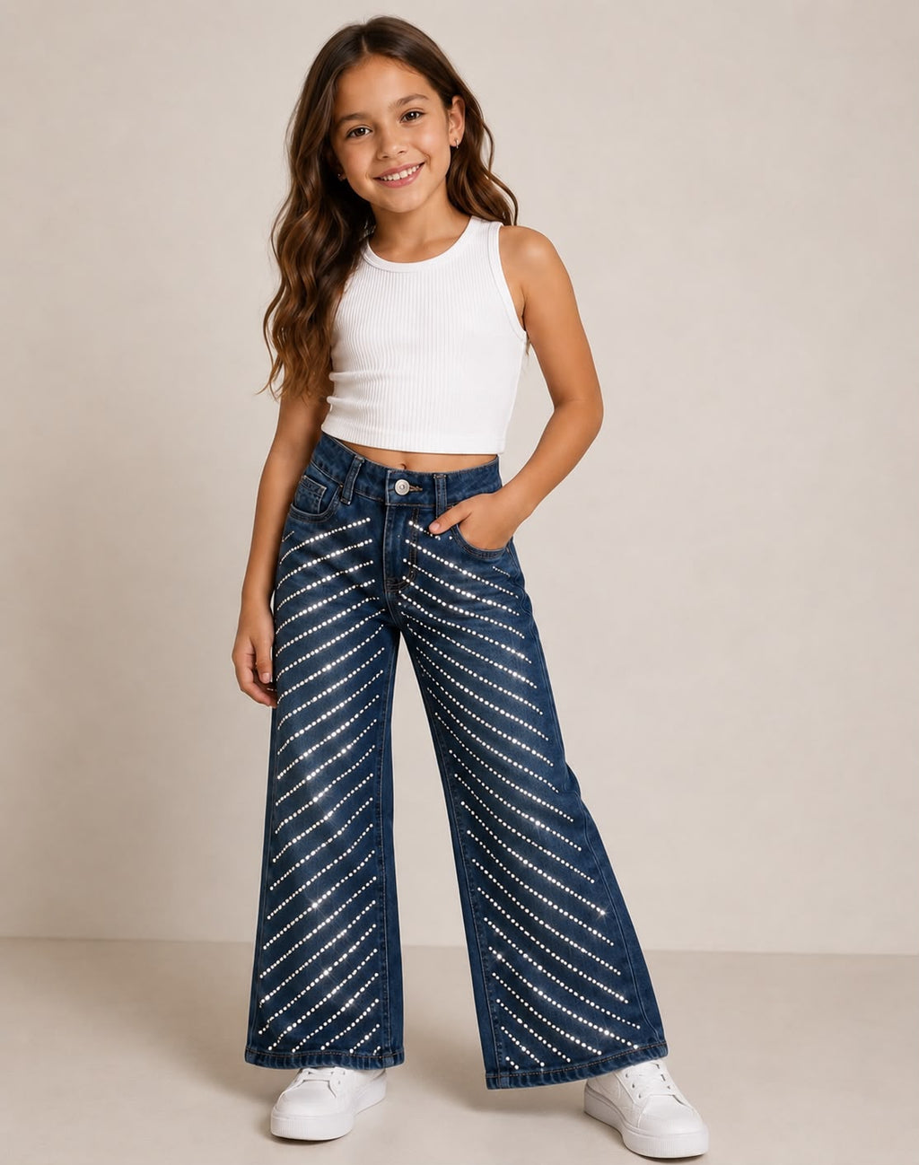 Jeans Wide Leg de Niña con Cristales Brillantes | Estilo Premium de Temporada