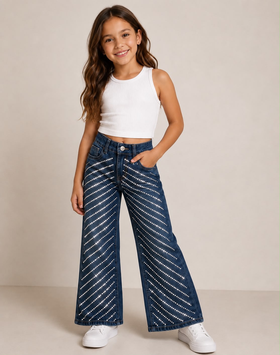Jeans Wide Leg de Niña con Cristales Brillantes | Estilo Premium de Temporada
