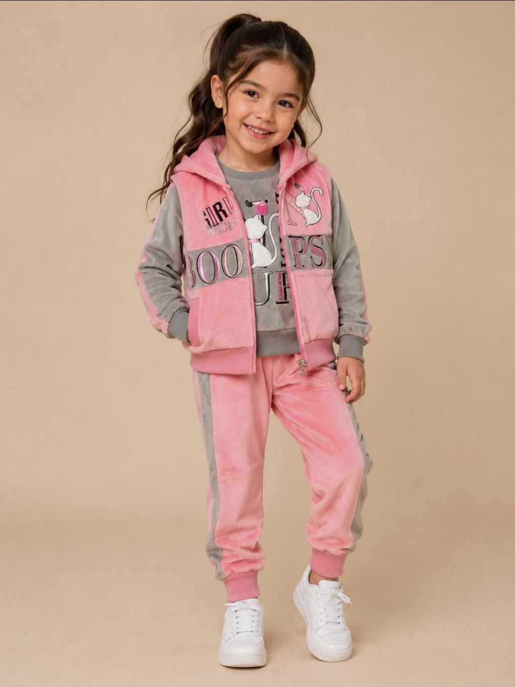 Conjunto Deportivo 3 Piezas Niño / Niña Terciopelo Rosa y Gris con Chaleco