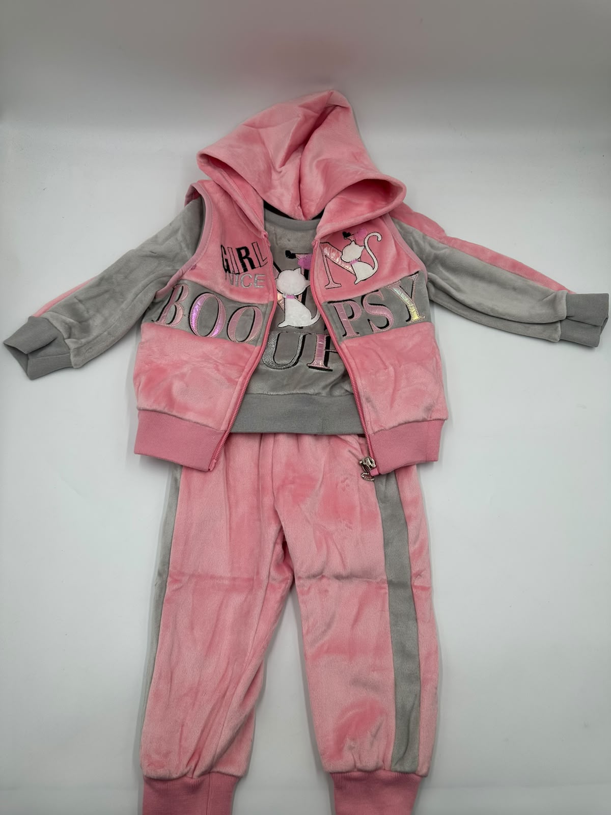 Conjunto Deportivo 3 Piezas Niño / Niña Terciopelo Rosa y Gris con Chaleco