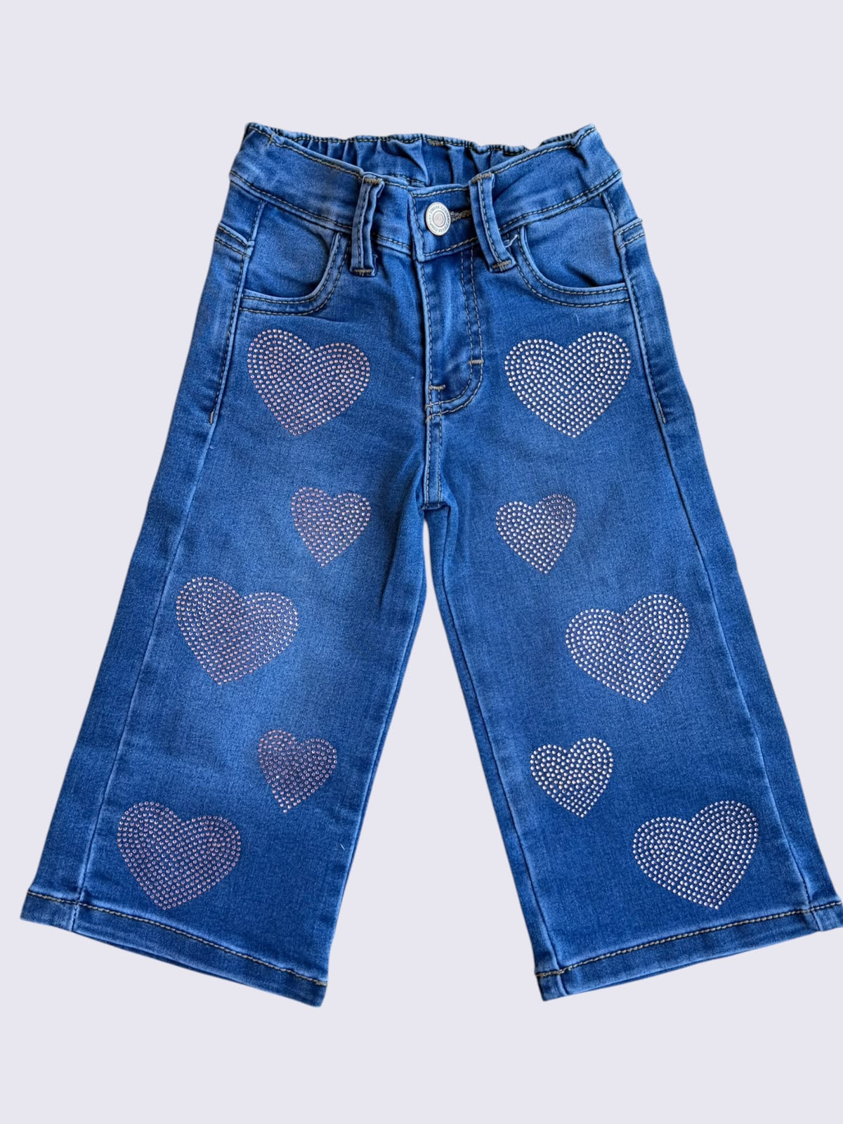 Pantalón de Mezclilla para Bebé Corte Ancho con Corazones de Pedrería