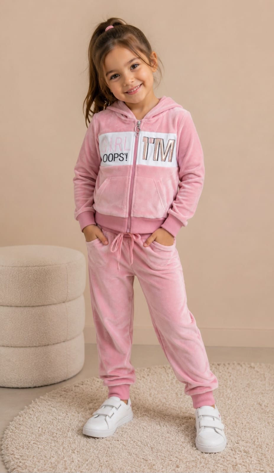 Conjunto Deportivo de Terciopelo Para Niña (2 Piezas) – Sudadera con Capucha y Cierre + Pantalón Jogger Térmico y Suave