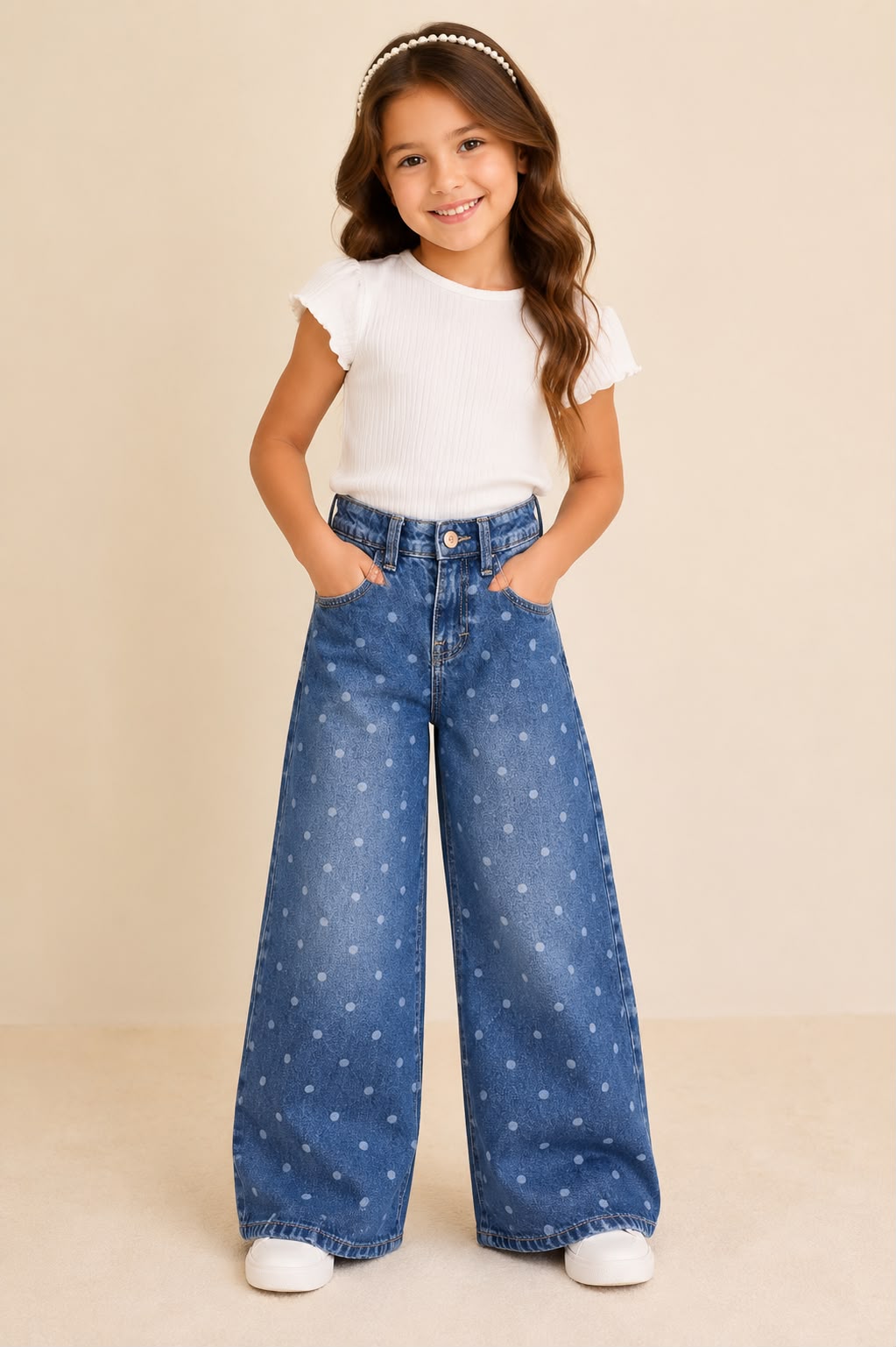 Jeans Anchos de Mezclilla con Estampado de Lunares