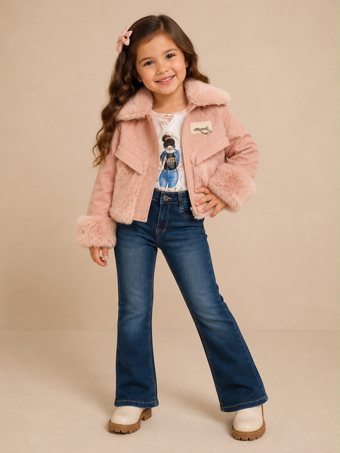 Conjunto de 3 Piezas para Niña: Chamarra con Peluche, Playera y Jeans de Mezclilla