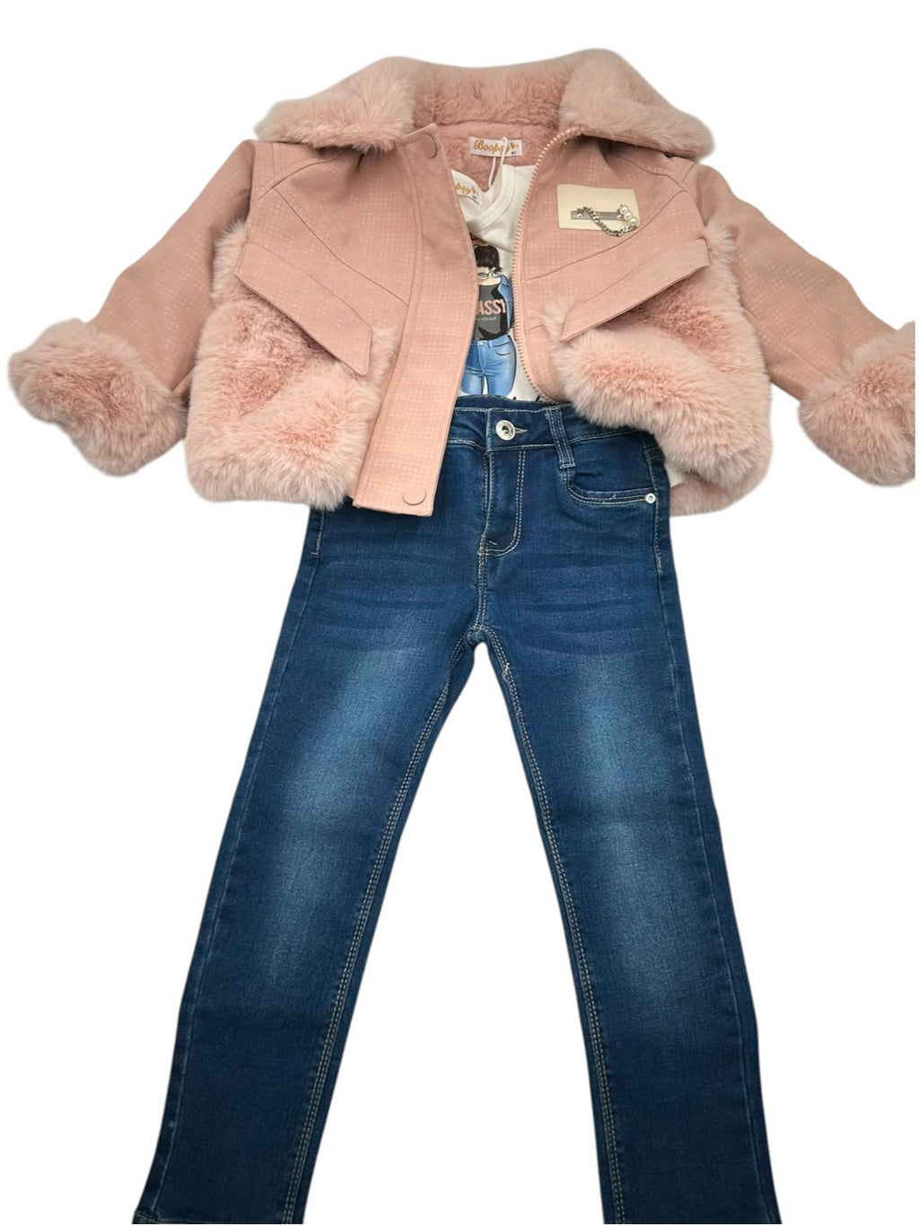 Conjunto de 3 Piezas para Niña: Chamarra con Peluche, Playera y Jeans de Mezclilla