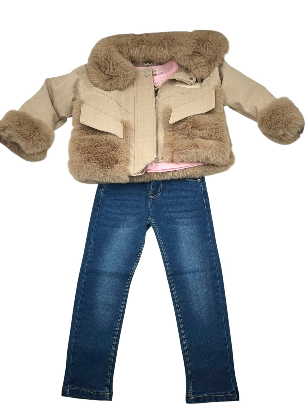 Conjunto de 3 Piezas para Niña: Chamarra con Peluche, Playera y Jeans de Mezclilla