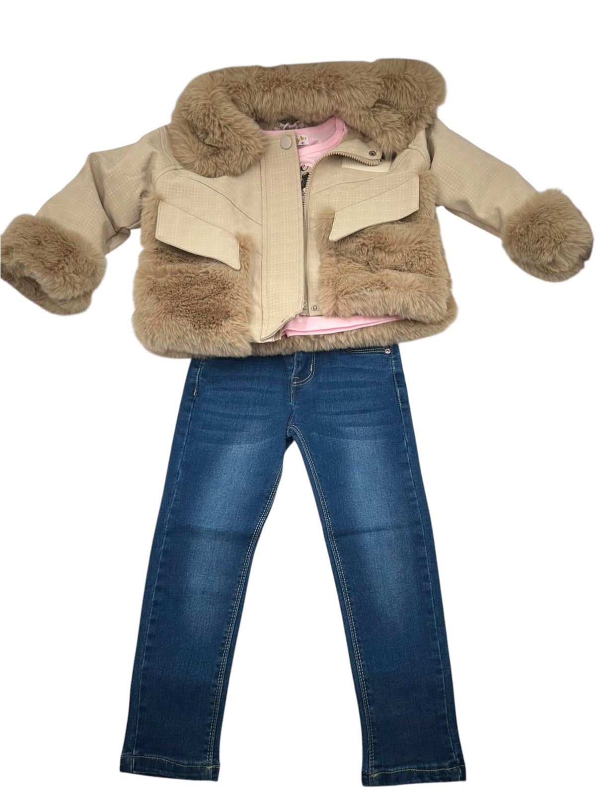 Conjunto de 3 Piezas para Niña: Chamarra con Peluche, Playera y Jeans de Mezclilla