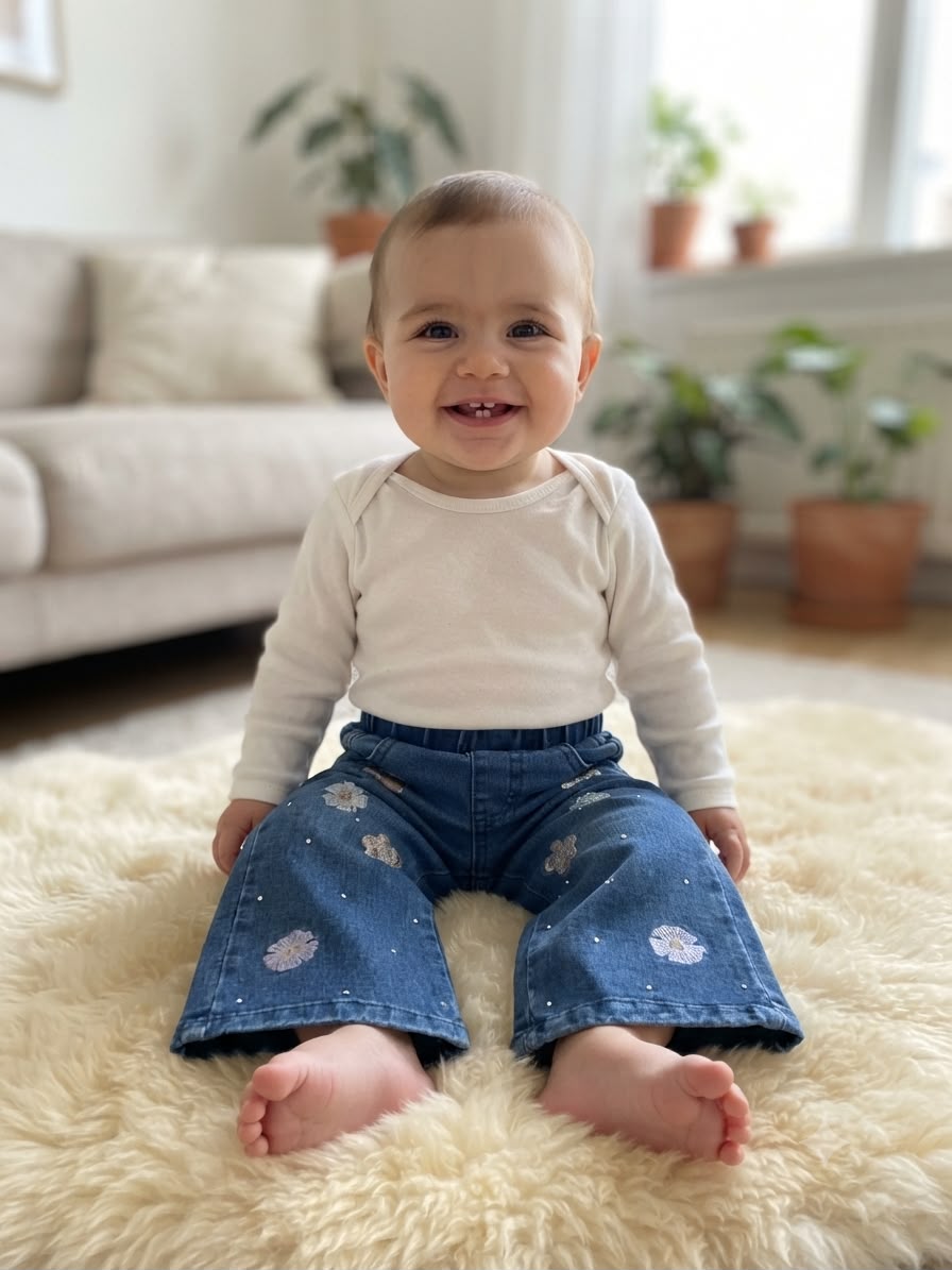 ✨ Pantalón de Mezclilla Wide Leg para Bebé Niña | Bordado de Flores con Brillos | Cintura Elástica