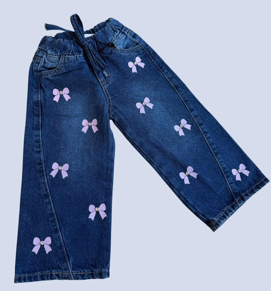 ✨ Pantalón Wide Leg para Niña con Flores Bordadas y Brillos | Mezclilla Suave y Cómoda 🌸👖
