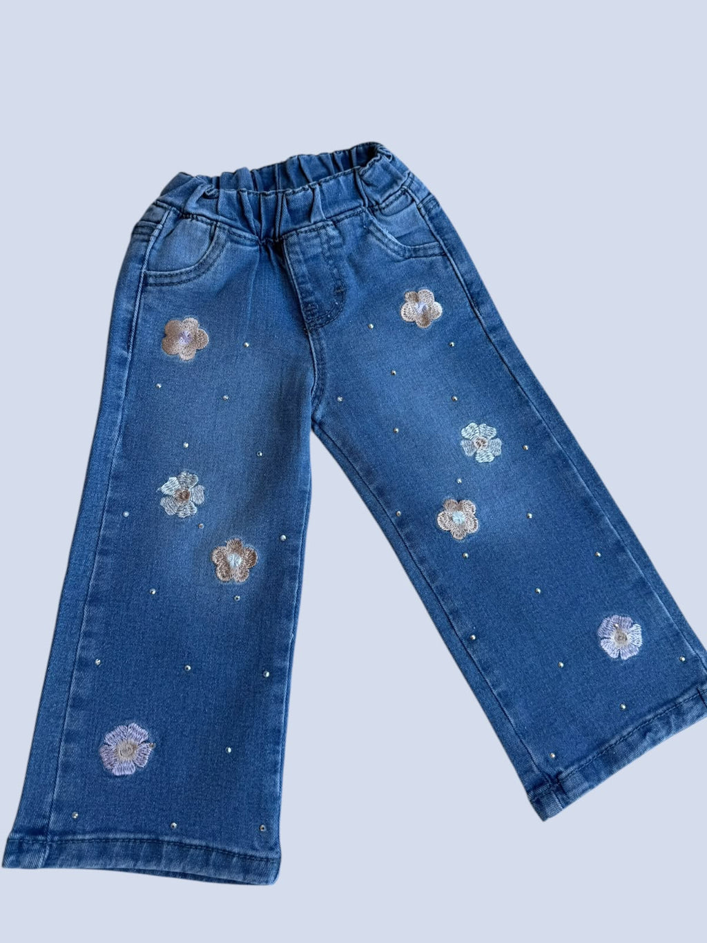 ✨ Pantalón de Mezclilla Wide Leg para Bebé Niña | Bordado de Flores con Brillos | Cintura Elástica