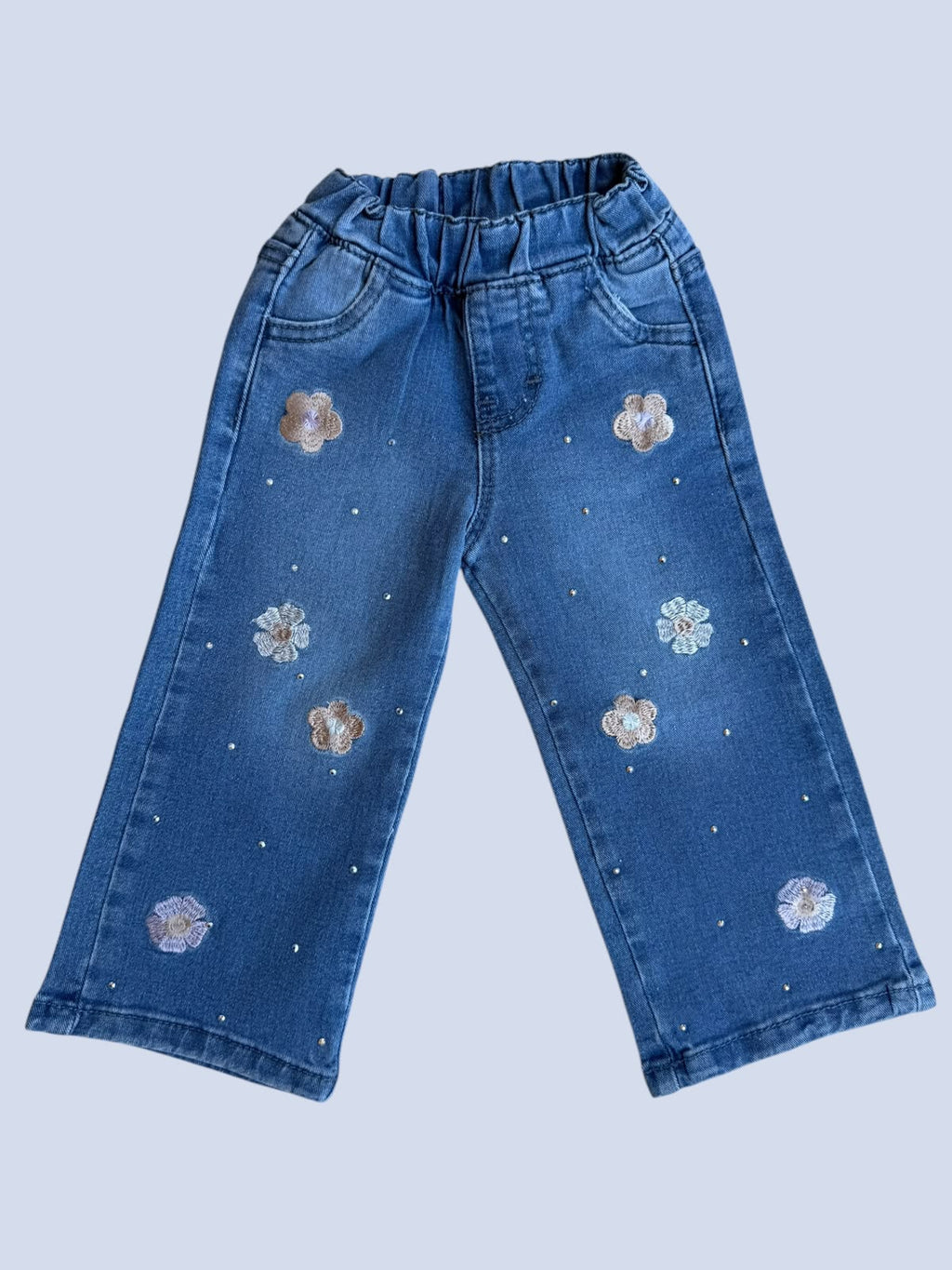 ✨ Pantalón de Mezclilla Wide Leg para Bebé Niña | Bordado de Flores con Brillos | Cintura Elástica